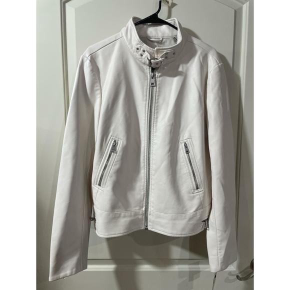 Levi's White Faux Leather Racer Jacket Oyster Latch Collar XL - Picture 5 of 7